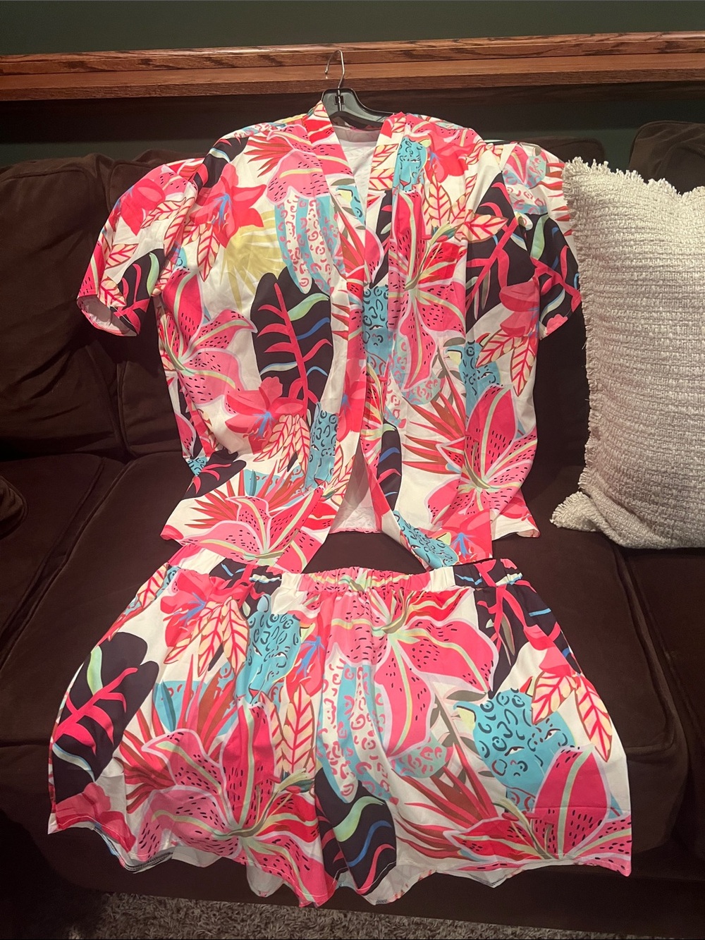 Tropical Floral Two-Piece Set - Pink, Turquoise, Black on White